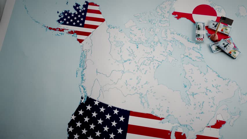 Animated political map showing the United States buying Greenland from Denmark, symbolizing geopolitical strategy, expansionism, and international relations for economic and territorial advantage