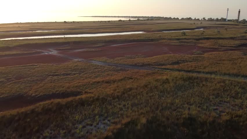 Aerial landscape of salt lakes and marshes on Dzharylhach island, Ukraine. Flight over red vegetation, salicornia and small water channels near the sea. Wild nature textures and patterns from above. Summer morning