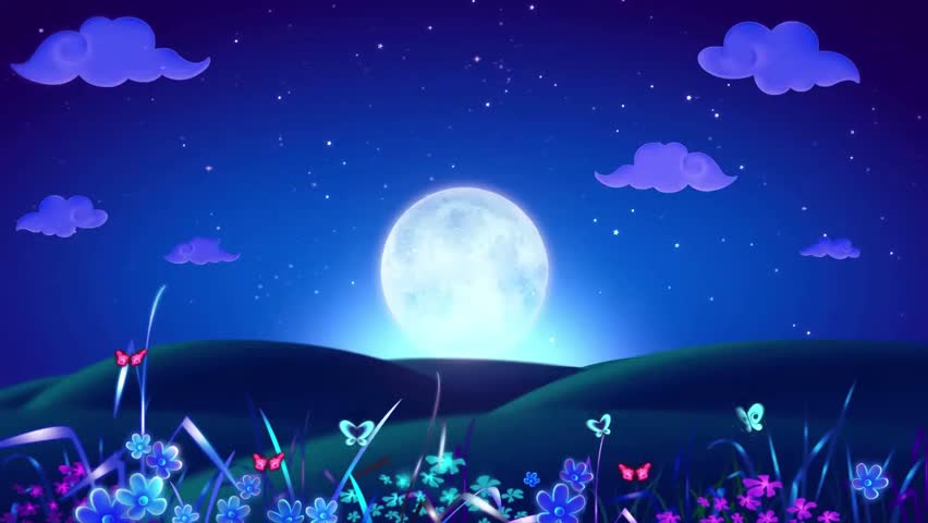 A serene animated scene of a glowing full moon rising over gentle hills, with a field of colorful flowers in the foreground and a starry night sky with clouds and a shooting star.