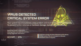 Futuristic computer interface displaying virus detected alert with critical system error text and skull graphic, visualizing cyber attacks, malware infections and digital security risks. - Powered by Shutterstock - Get 15% off with code: PIKWIZARD15
