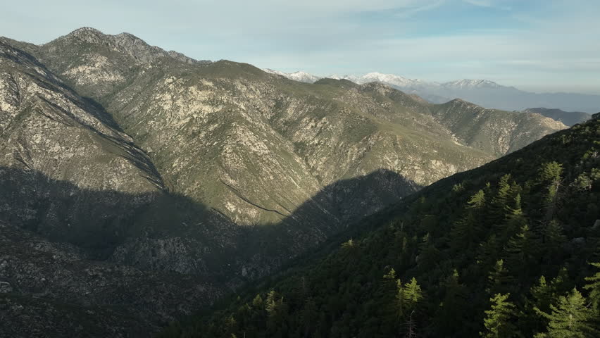 San Gabriel Mountains Winter Forest Sunset Aerial Shot Forward California USA