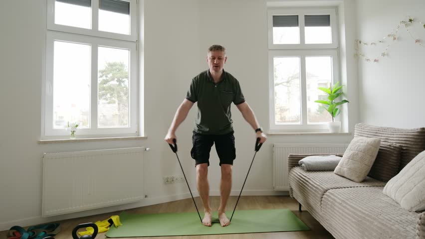 Man Working Out With Resistance Band For Home Fitness