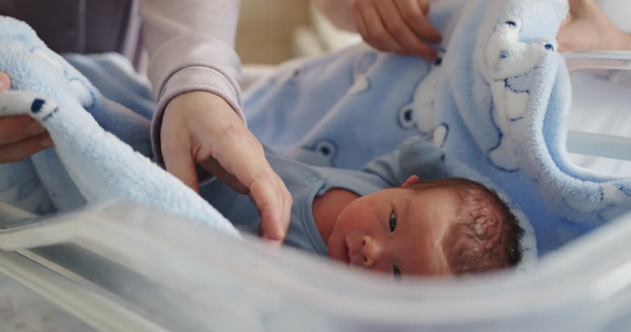 Infant rests soundly swaddled in soft blue blanket with teddy bear pattern, evoking tenderness and new beginnings