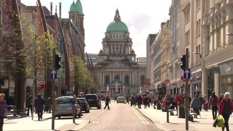 BELFAST, NORTHERN IRELAND - AUGUST 2011:The commercial centre of Belfast with its City Hall dome in the background.