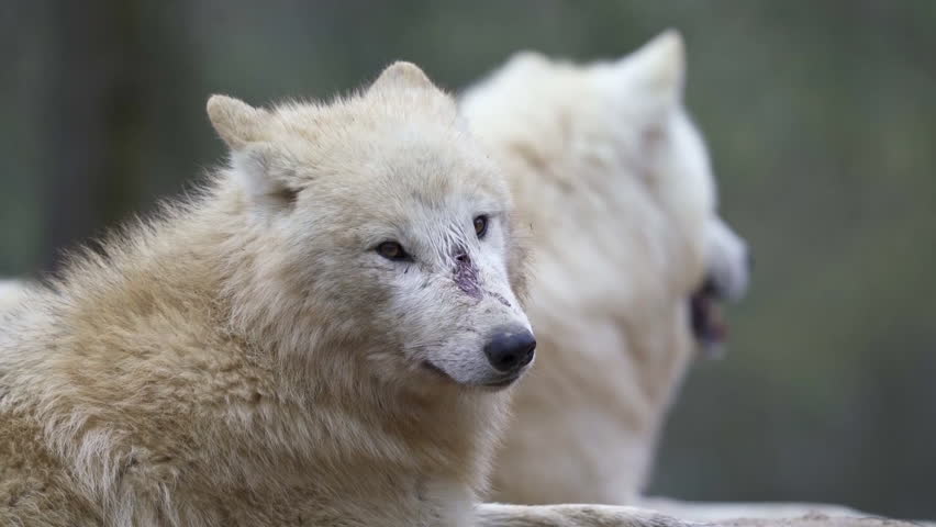 Two Arctic wolves (Canis lupus arctos) lying down and resting.