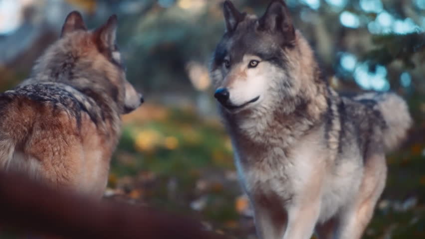 Two Wolves (Canis lupus) running in wilderness.