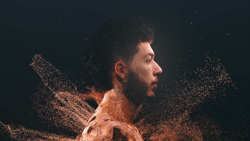 Profile view of a young man dissolving into a cloud of particles. Digital concept of human identity, technology, and virtual reality. 3D Illustration