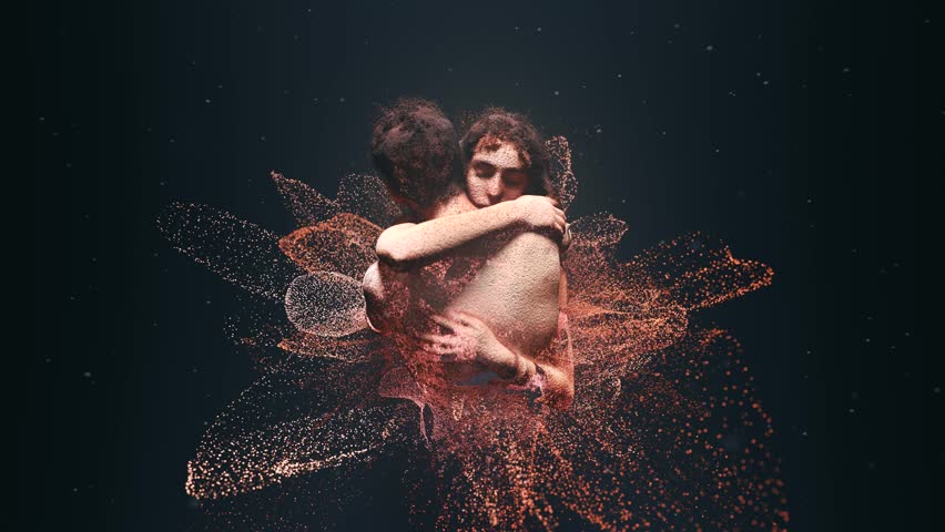 Futuristic 3d scan of a romantic couple embracing passionately. Their bodies are dissolving into a beautiful cloud of glowing particles. 3D Illustration