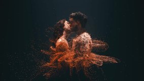 Abstract digital rendering of a man and woman embracing and kissing. Their bodies are made of swirling particles that explode and reform. Seamless loop. 3D Illustration - Powered by Shutterstock - Get 15% off with code: PIKWIZARD15