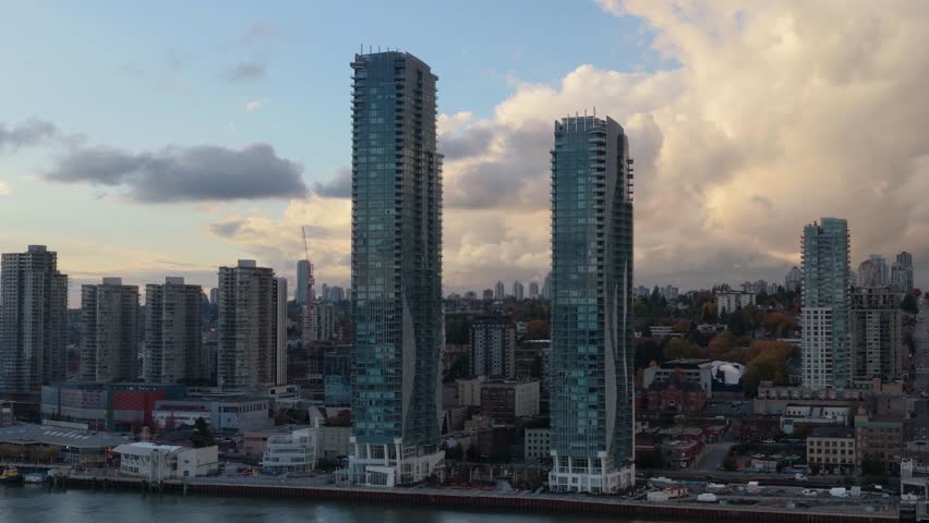 Aerial View of New Westminster City Skyline and Waterfront in British Columbia, Canada at Sunset