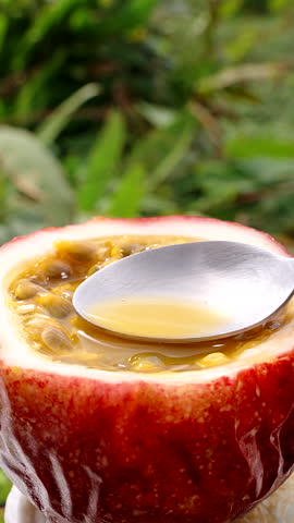 Hand Scooping Juicy Yellow Pulp and Seeds from Half Passion Fruit with Spoon Against Green Nature Background in Closeup, Concept Exotic Tropical Food and Freshness.