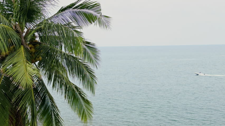 The coast of Thailand on a cloudy day, beach entertainment - parachute behind a motorboat, people parachute over the sea