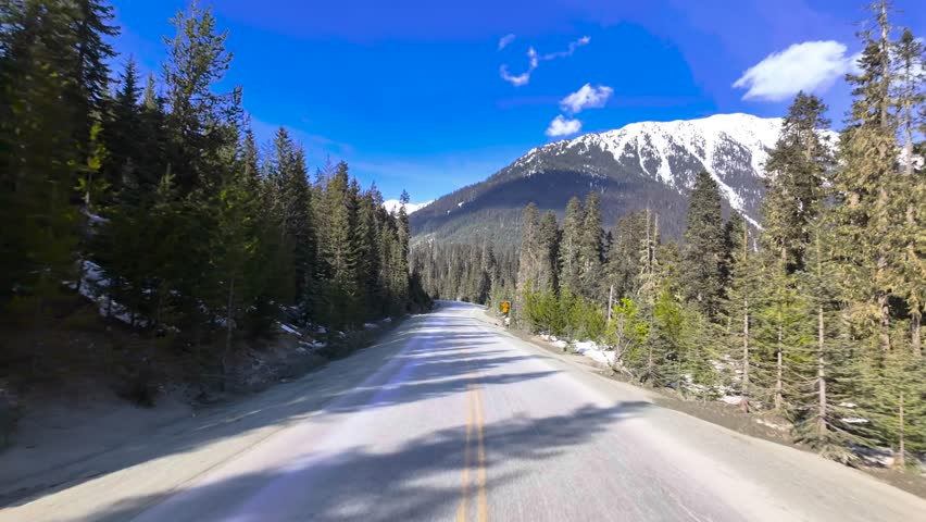 Driving Through a Majestic Mountain Road with Snow-Capped Peaks and Pine Forests in British Columbia, Canada