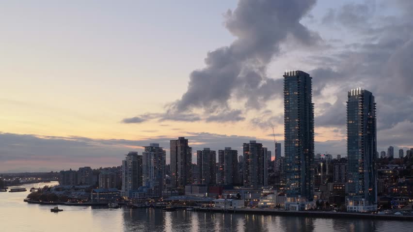 New Westminster City Skyline And River View At Sunset In British Columbia, Canada