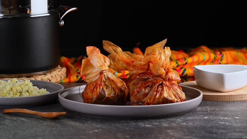 Hispanic cook serving white rice with corn kernels next to a plate of mixiotes, Mexican food