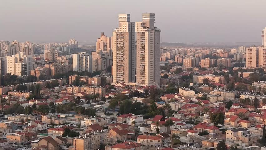 Aerial Sunrise Over Central Beersheba Skyline, Israe, Urban Cityscape at Dawn