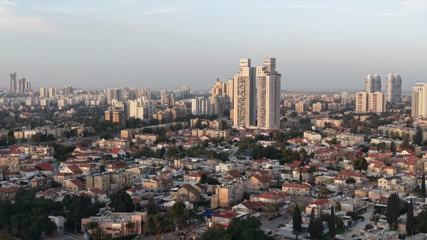 Aerial Sunrise Over Central Beersheba Skyline, Israe, Urban Cityscape at Dawn