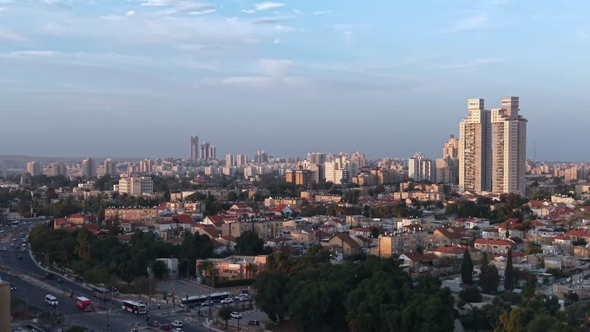 Aerial Sunrise Over Central Beersheba Skyline, Israe, Urban Cityscape at Dawn