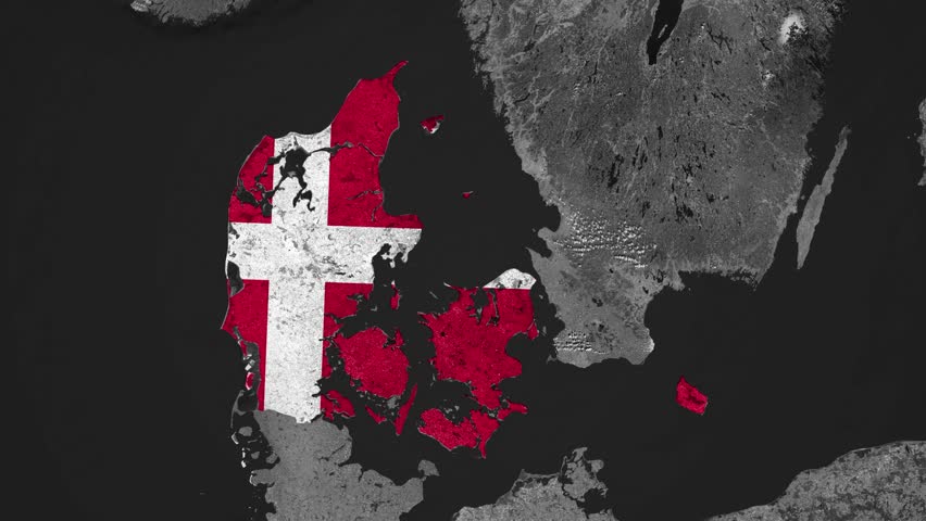 Zoom from Earth to Denmark. (Country Flag) Documentary dark map animation with highlighted country borders. 3d satellite world map animation highlights aerial views, tourism, and travel. 4k