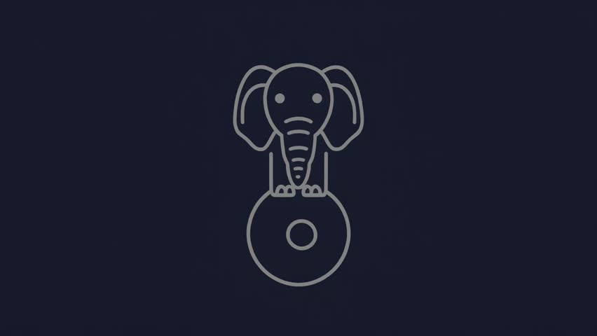 Circus elephant balancing on a ball line art animation on dark and blue background