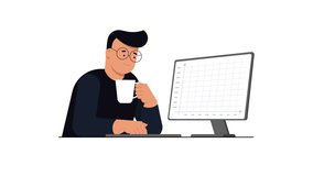 Business Growth Review Loop — Calm Analyst Watching Rising Data on Desktop Screen. Seamless loop animation of a calm male analyst sitting at a desk with a coffee mug and reviewing growing business data on a desktop computer screen. Minimal flat vector character animation illustrating analytics, financial growth, investment monitoring, productivity, strategy, and modern corporate workflow. Suitable for business presentations, websites, dashboards, and explainer videos. - Powered by Shutterstock - Get 15% off with code: PIKWIZARD15