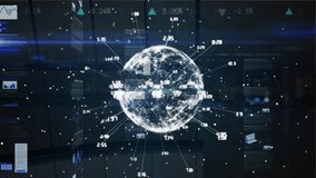 Ticking digital clock, spinning globe and screens with data processing against blue background. Computer interface and technology concept - Powered by Shutterstock - Get 15% off with code: PIKWIZARD15