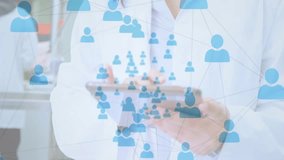 Network of profile icons floating over female scientist using digital tablet at laboratory. Global networking and medical research technology concept - Powered by Shutterstock - Get 15% off with code: PIKWIZARD15