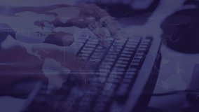 Animation of world map and data processing over hands typing on keyboard. Global technology, computing and digital interface concept digitally generated video. - Powered by Shutterstock - Get 15% off with code: PIKWIZARD15