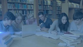 Animation of network of connections over diverse students learning in library. Global education and digital interface concept digitally generated video. - Powered by Shutterstock - Get 15% off with code: PIKWIZARD15