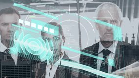 Animation of scope scanning and data processing over men diverse male surgeon. Global sports digital interface technology and networking concept digitally generated video. - Powered by Shutterstock - Get 15% off with code: PIKWIZARD15