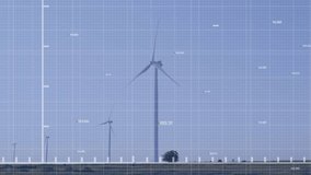 Animation of red line and data processing over wind turbines. Wind energy, environment, sustainability, computing and data processing concept digitally generated video. - Powered by Shutterstock - Get 15% off with code: PIKWIZARD15