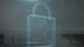 Animation of cyber security data processing and padlock icon against aerial view of cityscape. Global networking and business data technology concept - Powered by Shutterstock - Get 15% off with code: PIKWIZARD15