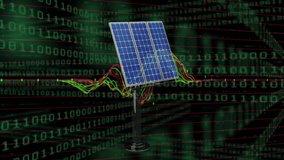 Animation of statistics and binary coding over solar panels. Global solar energy, sustainability, computing, digital interface and data processing concept digitally generated video. - Powered by Shutterstock - Get 15% off with code: PIKWIZARD15