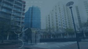 Animation of financial and statistical data processing against view of cityscape. Global finance and business data technology concept - Powered by Shutterstock - Get 15% off with code: PIKWIZARD15