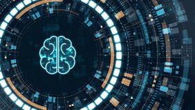Motion graphic of digital brain icon surrounded by futuristic HUD interface elements that animate smoothly, symbolizing artificial intelligence, neural networks, and advanced data processing technology. - Powered by Shutterstock - Get 15% off with code: PIKWIZARD15