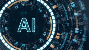 Motion graphic of artificial intelligence text surrounded by futuristic HUD interface elements that rotate and glow dynamically, representing advanced AI technology and digital innovation. - Powered by Shutterstock - Get 15% off with code: PIKWIZARD15
