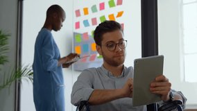 Collaborating colleagues tapping tablet and placing notes, holographic business network expanding. Technology, innovation, connectivity, teamwork, modern, digital, professional - Powered by Shutterstock - Get 15% off with code: PIKWIZARD15