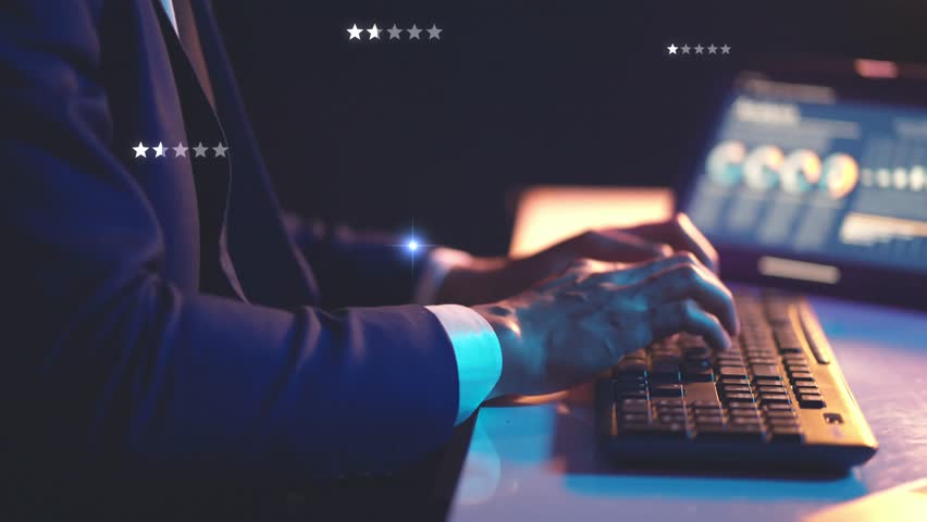 Online rating and customer feedback system on a digital interface, best service quality with 5.0 rating and guarantee satisfaction icon, product certification, ISO standards, and top-quality service