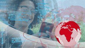 Animation of globe and data processing over caucasian man using smartphone. global technology, connection, digital interface and data processing concept digitally generated video. - Powered by Shutterstock - Get 15% off with code: PIKWIZARD15