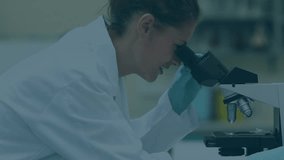 Animation of chemical formulas over caucasian female lab worker with microscope. Science, medicine and chemistry concept digitally generated video. - Powered by Shutterstock - Get 15% off with code: PIKWIZARD15