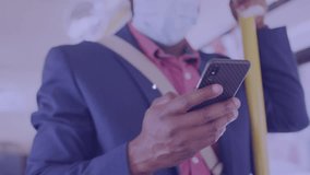 Animation of network of connections over african american man in face mask with smartphone. Business, connections, communication and technology concept digitally generated video. - Powered by Shutterstock - Get 15% off with code: PIKWIZARD15