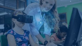 Animation of network of connections over caucasian schoolgirl using vr headset. Global education, cloud computing, technology, data processing and networks concept digitally generated video. - Powered by Shutterstock - Get 15% off with code: PIKWIZARD15