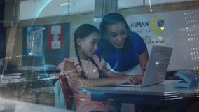 Animation of data processing over schoolgirl with teacher using laptop. Global education and digital interface concept digitally generated video. - Powered by Shutterstock - Get 15% off with code: PIKWIZARD15