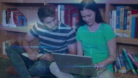 Animation of data processing over caucasian male and female student using laptop in library. Global communication, education, research and digital interface concept digitally generated video. - Powered by Shutterstock - Get 15% off with code: PIKWIZARD15