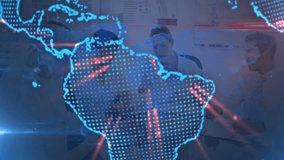 Animation of globe and world map over business people wearing phone headsets. Global business digital interface technology and networking concept digitally generated video. - Powered by Shutterstock - Get 15% off with code: PIKWIZARD15