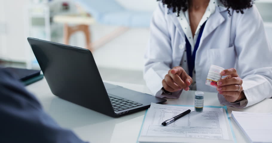 Doctor, hands or laptop with patient medication for consultation, side effect or symptoms in clinic. Woman, health worker or discussion with client for medical dosage or prescription in hospital