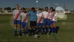 Animation of interface with data processing over team of diverse female soccer players smiling. Sports and business technology concept - Powered by Shutterstock - Get 15% off with code: PIKWIZARD15