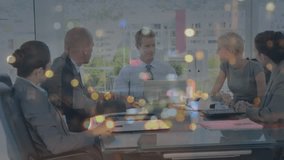 Animation of neon round scanner and spots of light over diverse businesspeople discussing at office. Computer interface and business technology concept - Powered by Shutterstock - Get 15% off with code: PIKWIZARD15