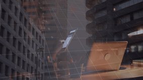 Animation of statistics and data processing over man using tablet and cityscape. Global business, education, computing, networks and data processing concept digitally generated video. - Powered by Shutterstock - Get 15% off with code: PIKWIZARD15