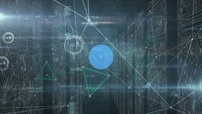 Animation of connected icons and dots forming shapes with circuit board pattern on server room. Digital composite, multiple exposure, communication, technology, networking, network server concept. - Powered by Shutterstock - Get 15% off with code: PIKWIZARD15